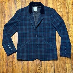Life After Denim Men's Wool Blend Blue Green Tartan Plaid Smoking Jacket Size S
